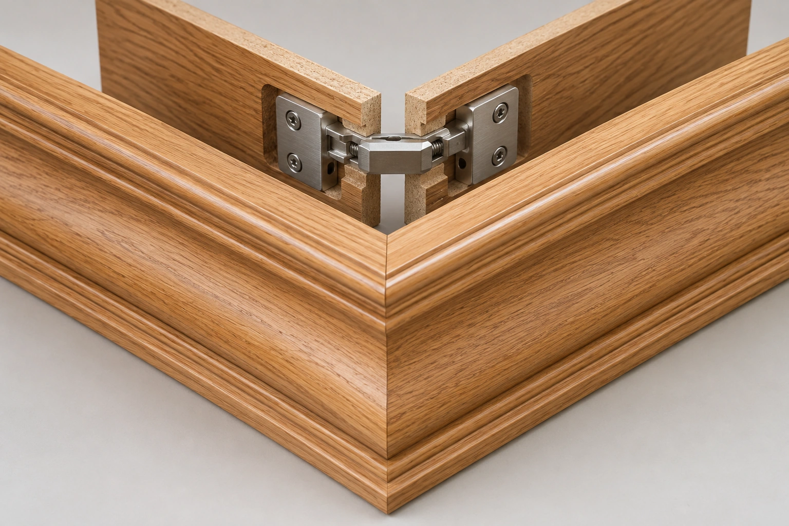 45° crown and top-line connector — installed cabinet view