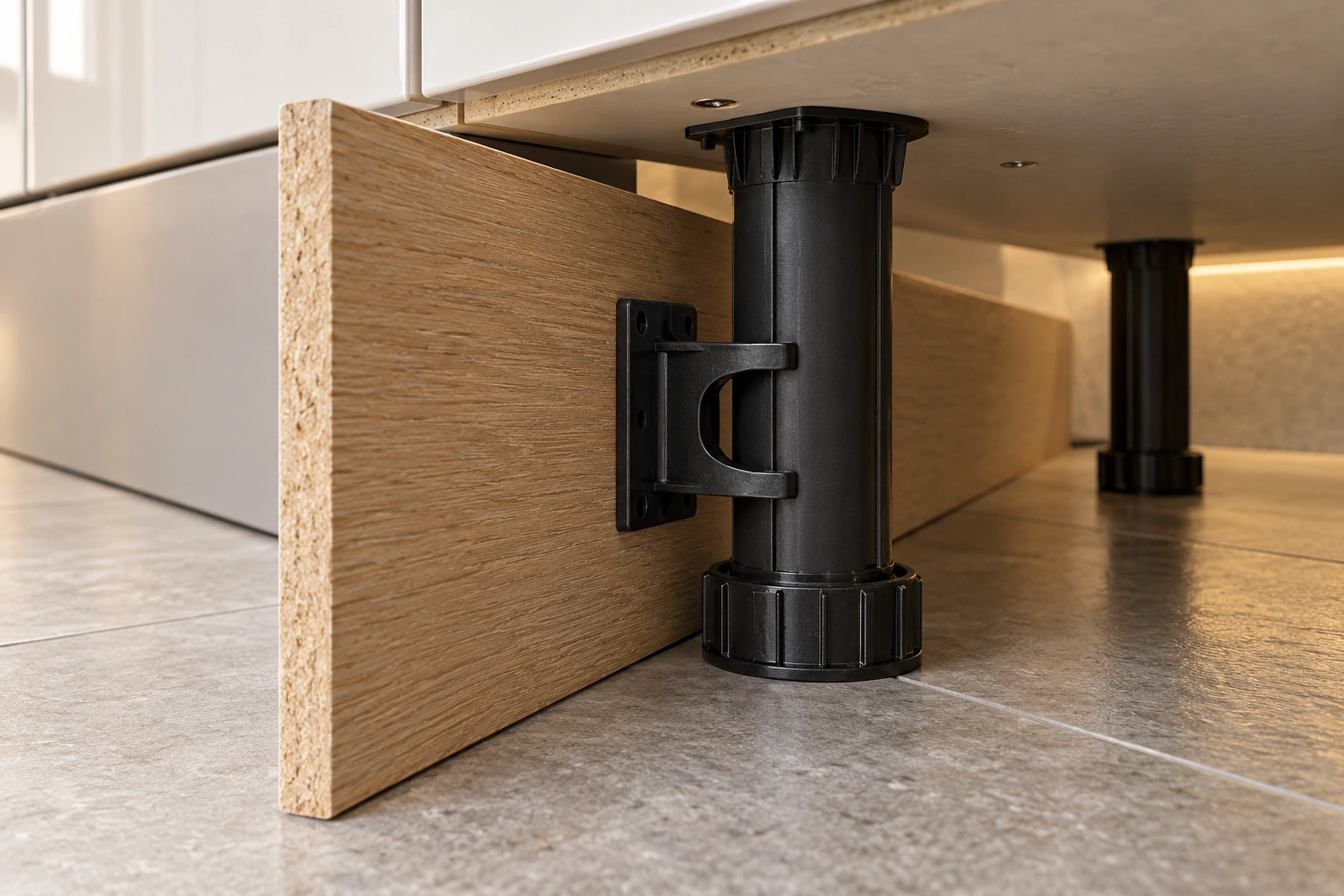Klip plinth kabinet — pandangan terpasang
