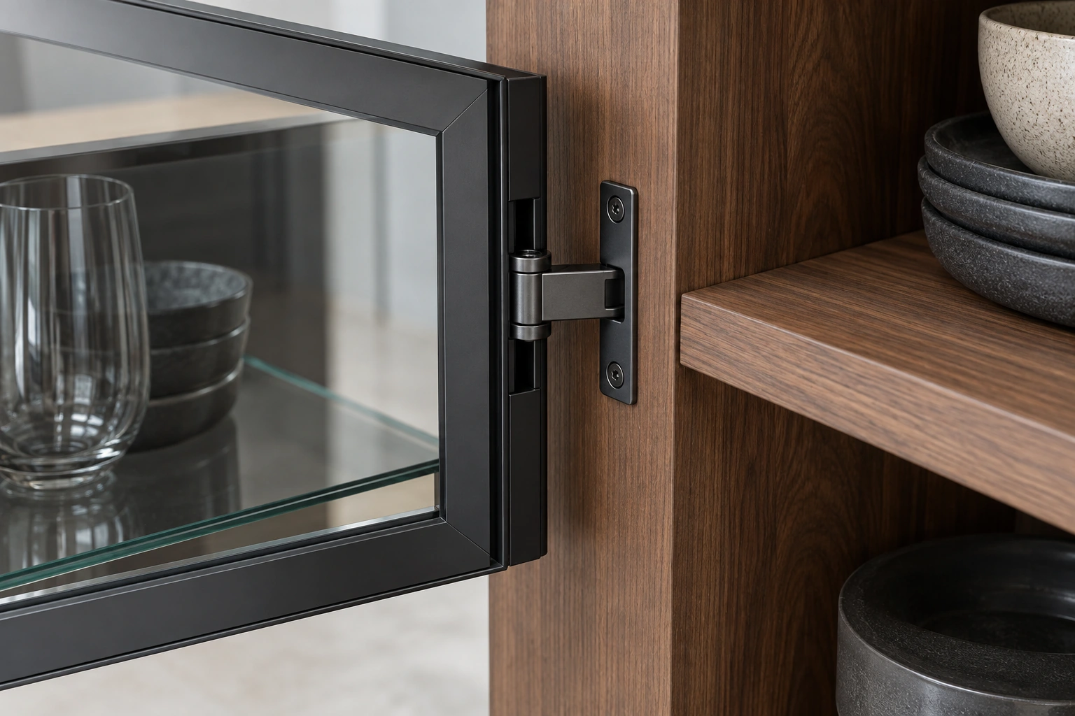 Concealed pin full-overlay soft-close hinge — installed cabinet view