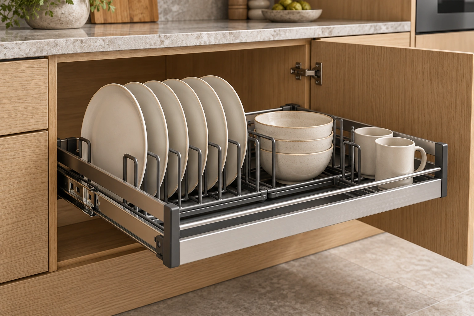 Dish storage pull-out basket — installed cabinet view