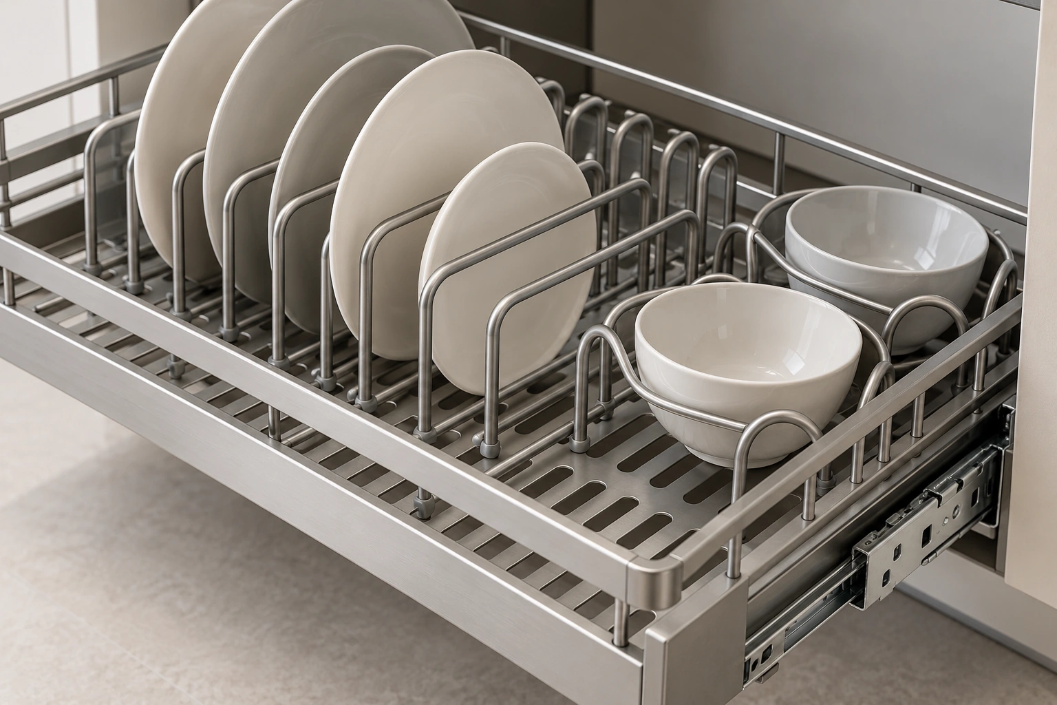 Dish storage pull-out basket — functional detail view