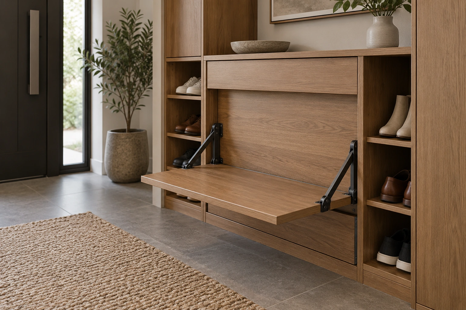 Fold-down shoe-bench mechanism — installed cabinet view