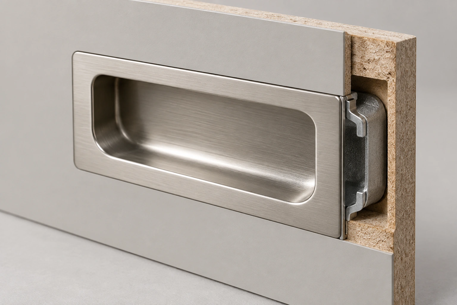 Front-face recessed cabinet pull — functional detail view