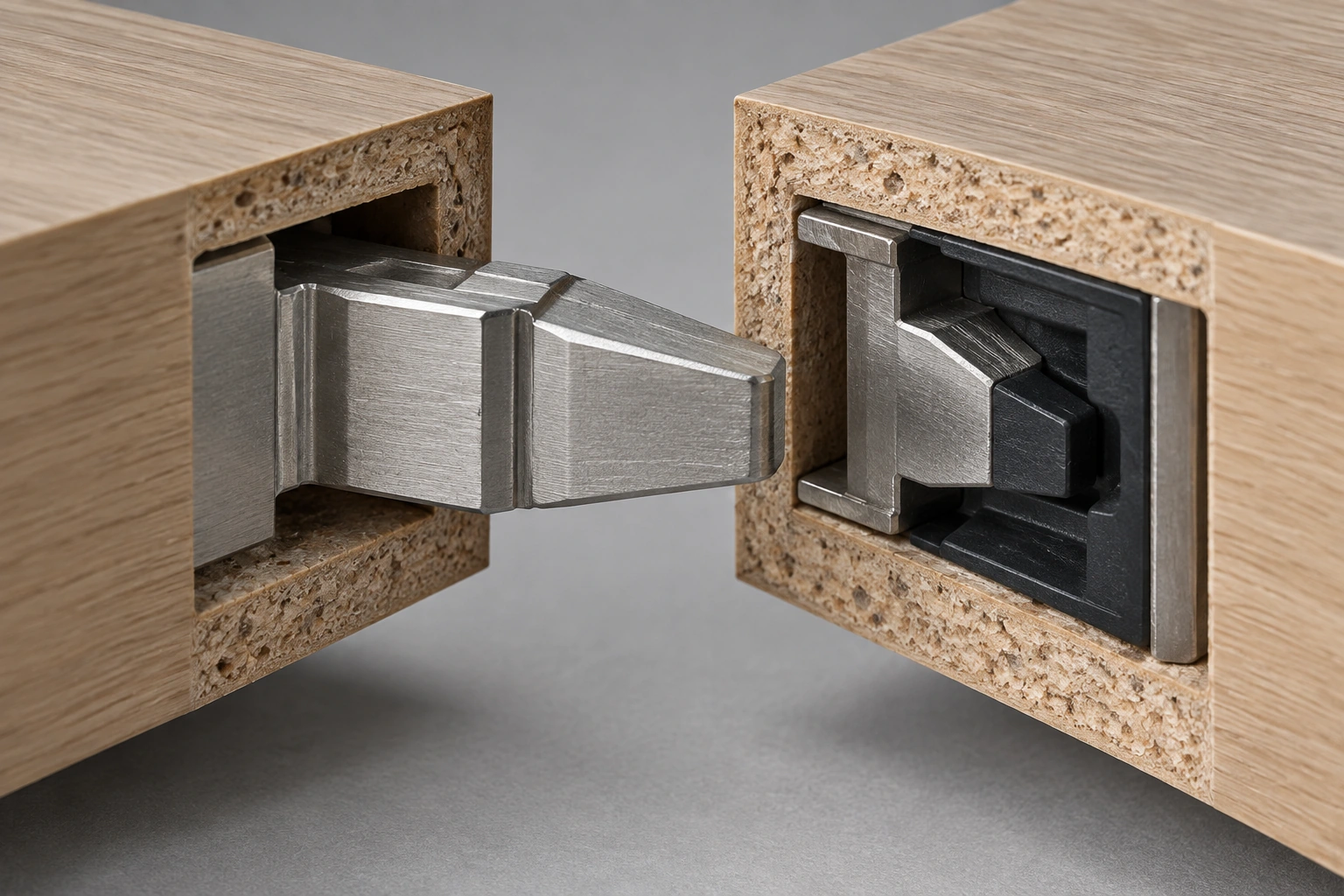 Hole-free concealed panel connector — functional detail view