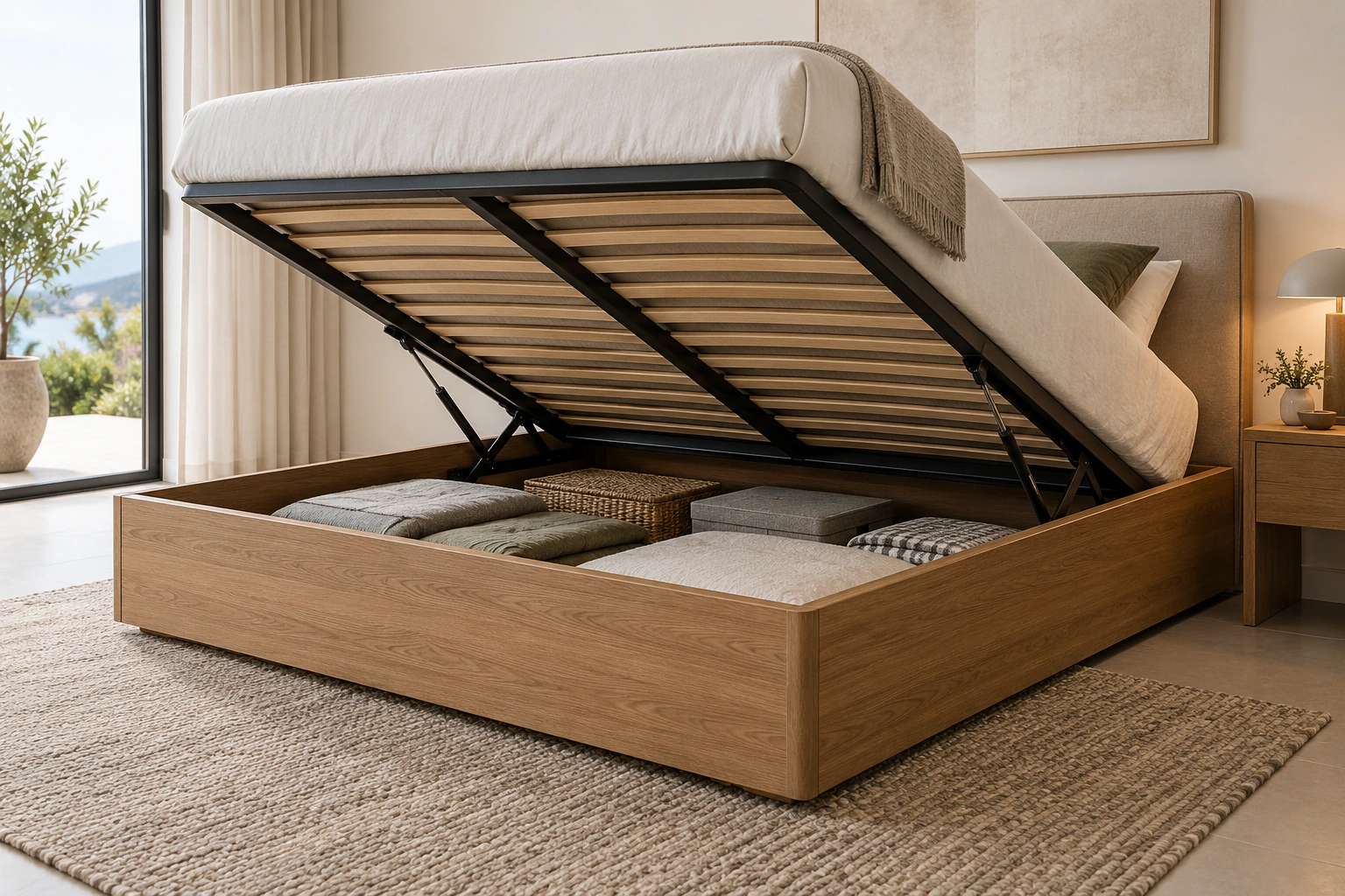 Storage-bed gas-lift hinge — installed cabinet view