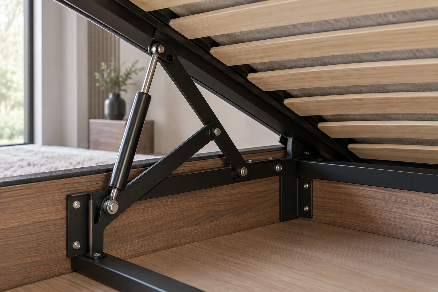 Storage-bed gas-lift hinge — functional detail view