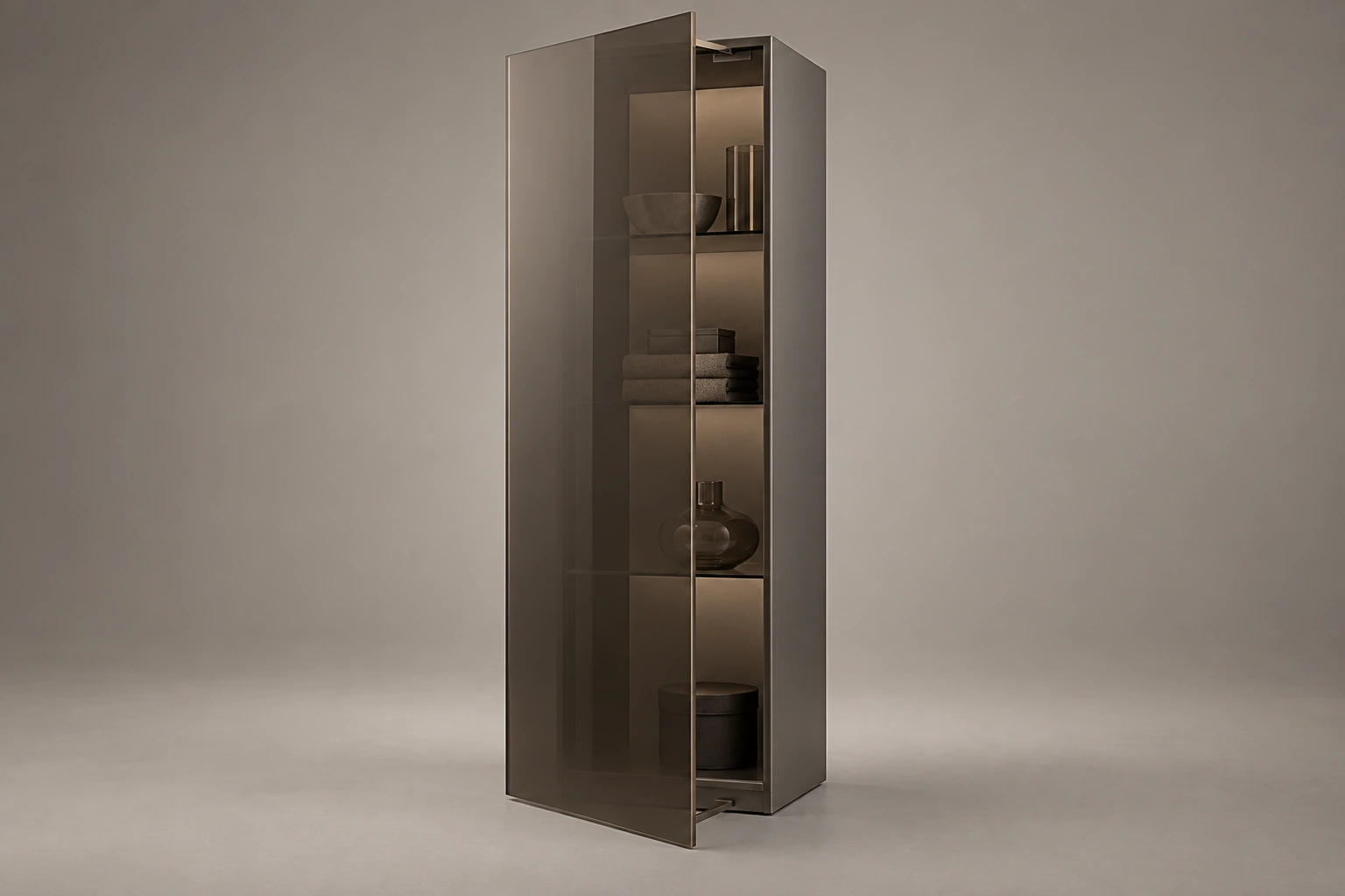 Frameless grey-bronze tempered-glass cabinet door system · Material sample