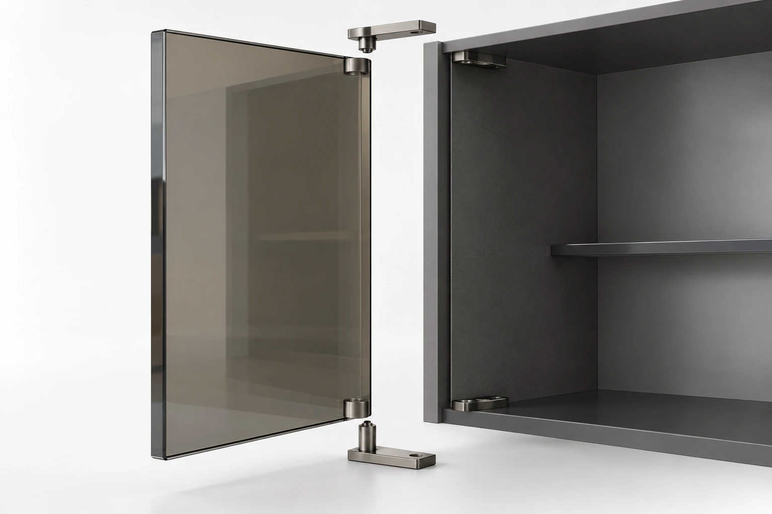 Frameless grey-bronze tempered-glass cabinet door system · Construction layers