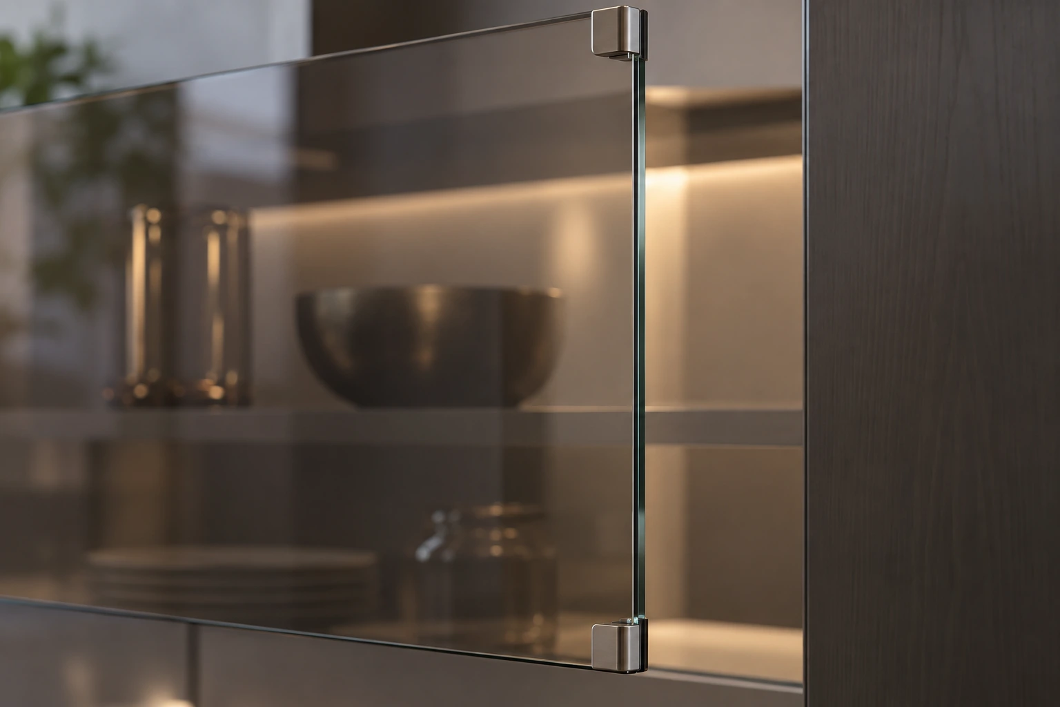 Frameless grey-bronze tempered-glass cabinet door system · Process concept