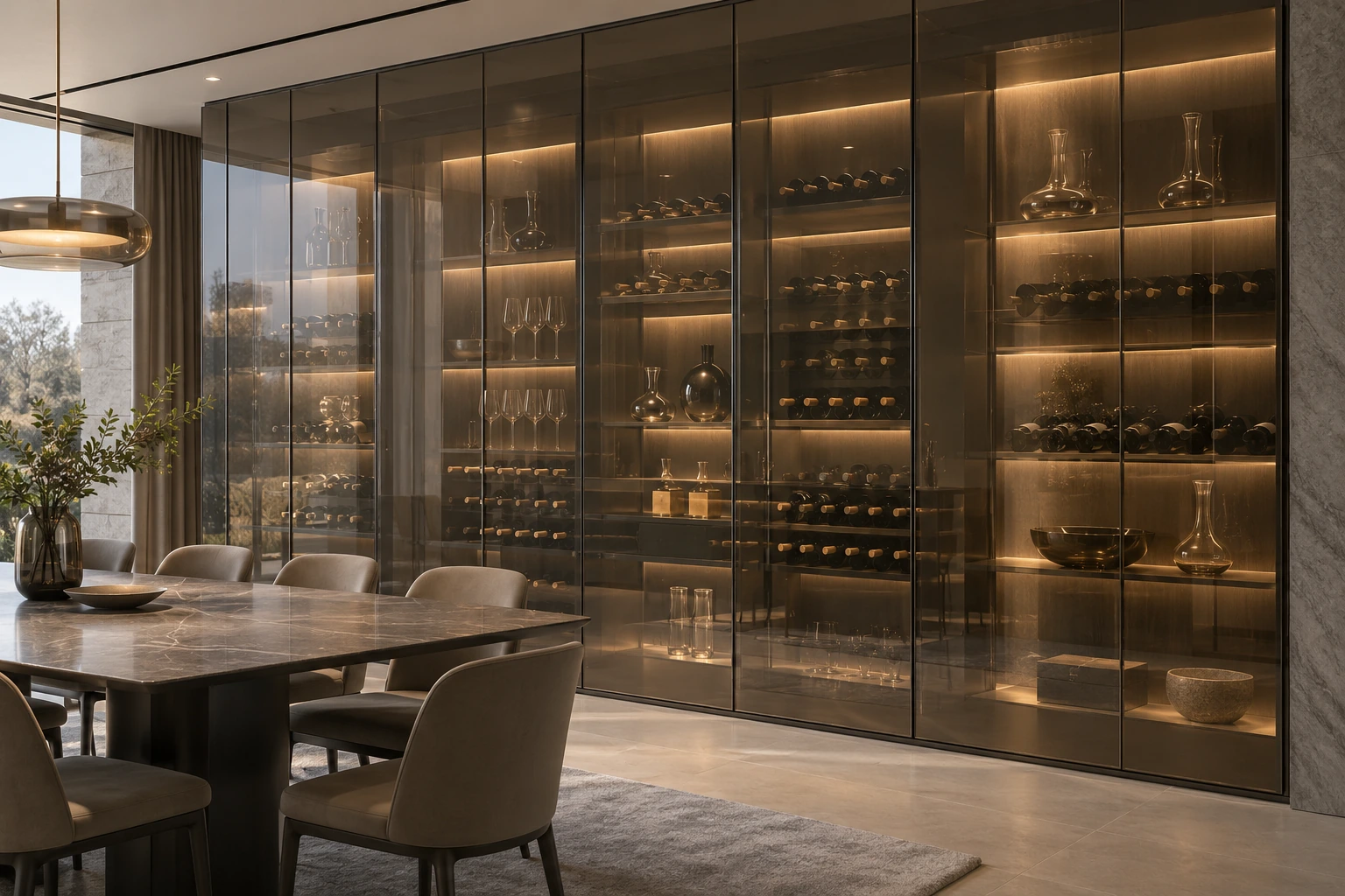 Frameless grey-bronze tempered-glass cabinet door system · Premium application