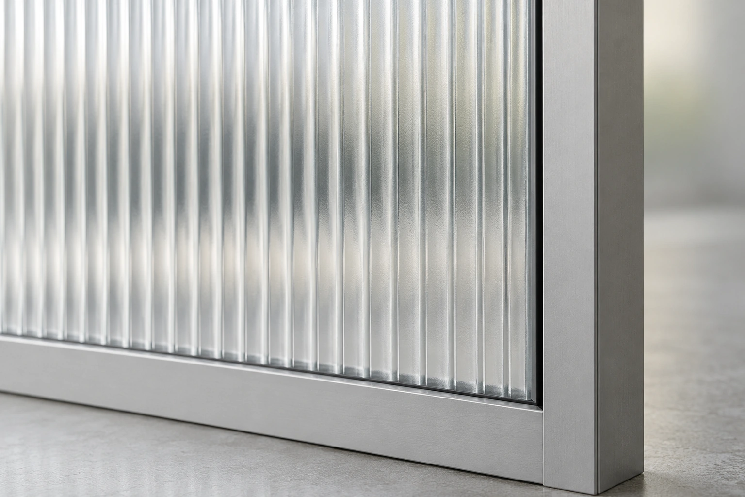 Sistem partisi tetap kaca fluted buram ultra-jernih berbingkai aluminium · Detail material