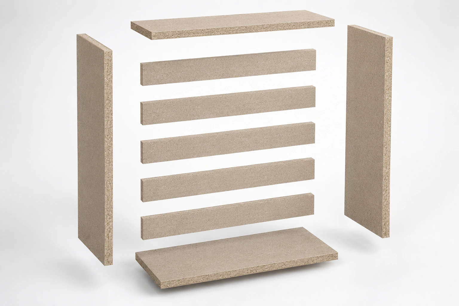 Kotak spacer backing panel dinding papan rekayasa 18 mm · Tampilan terurai konseptual