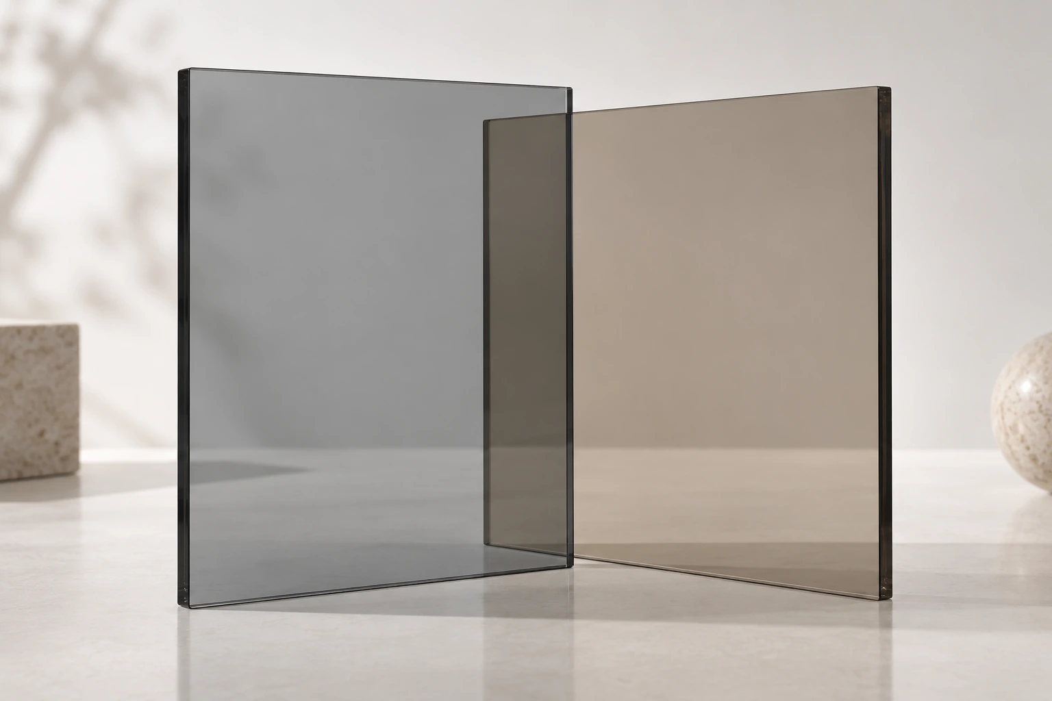 Grey and tea-tinted cabinet glass · Material sample