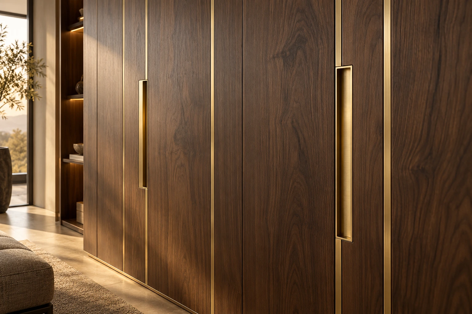 Finishing dekoratif kuningan brushed · Aplikasi inlay dan handle lemari