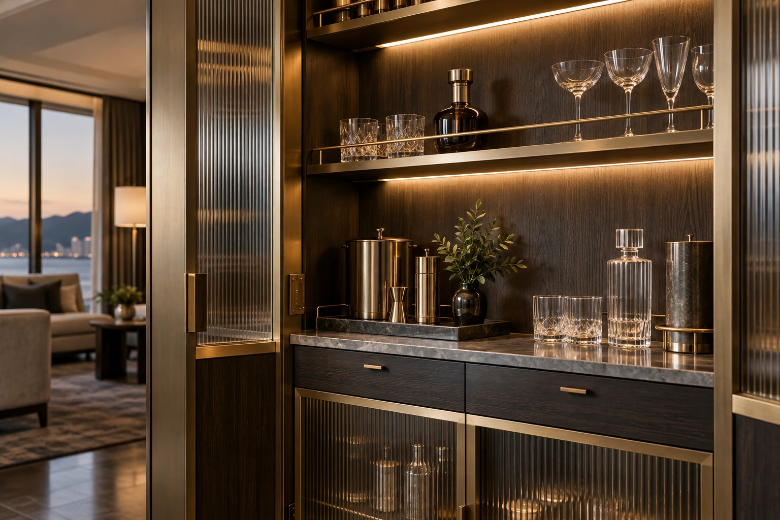 Finishing dekoratif kuningan brushed · Aplikasi rangka bar hotel