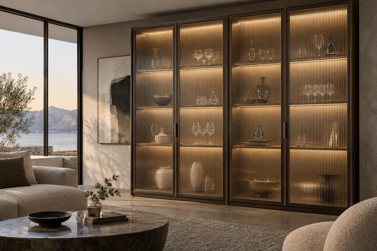 Vertical fluted patterned glass · Illuminated display-cabinet application
