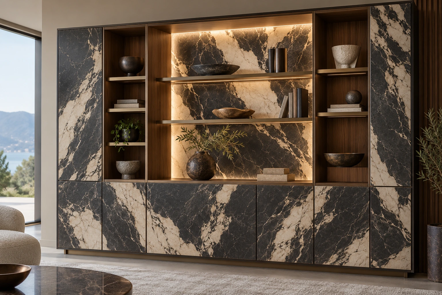 Digital-printed stone-pattern decorative surface · Cabinet-door and display-back application