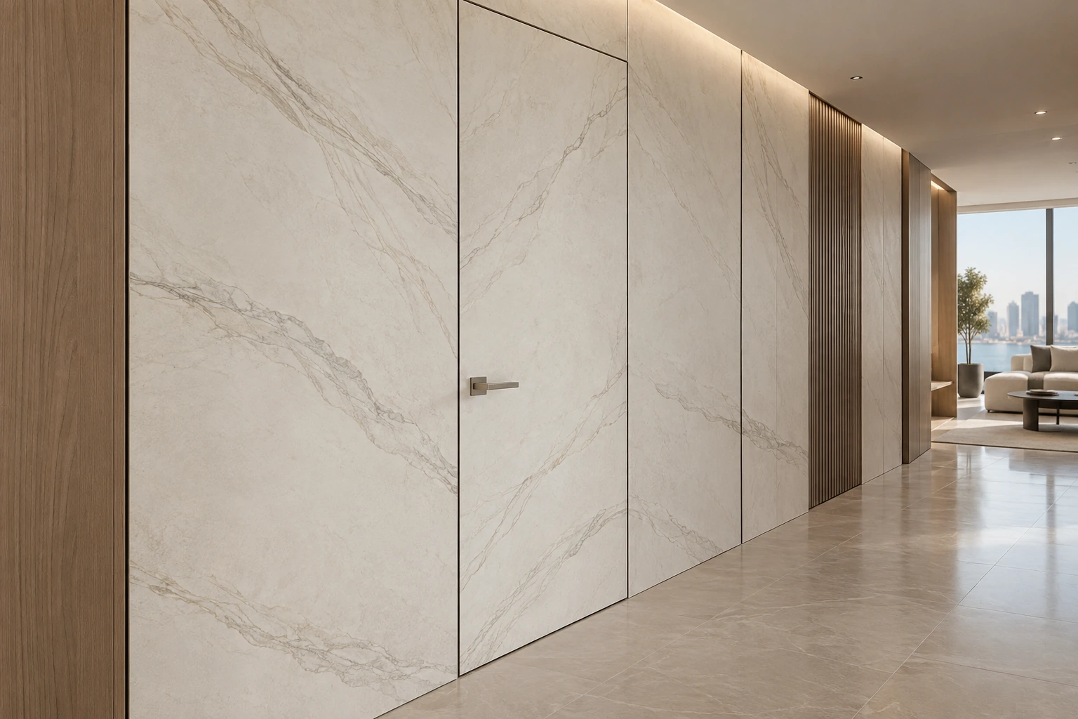 Digital-printed stone-pattern decorative surface · Flush door-wall application