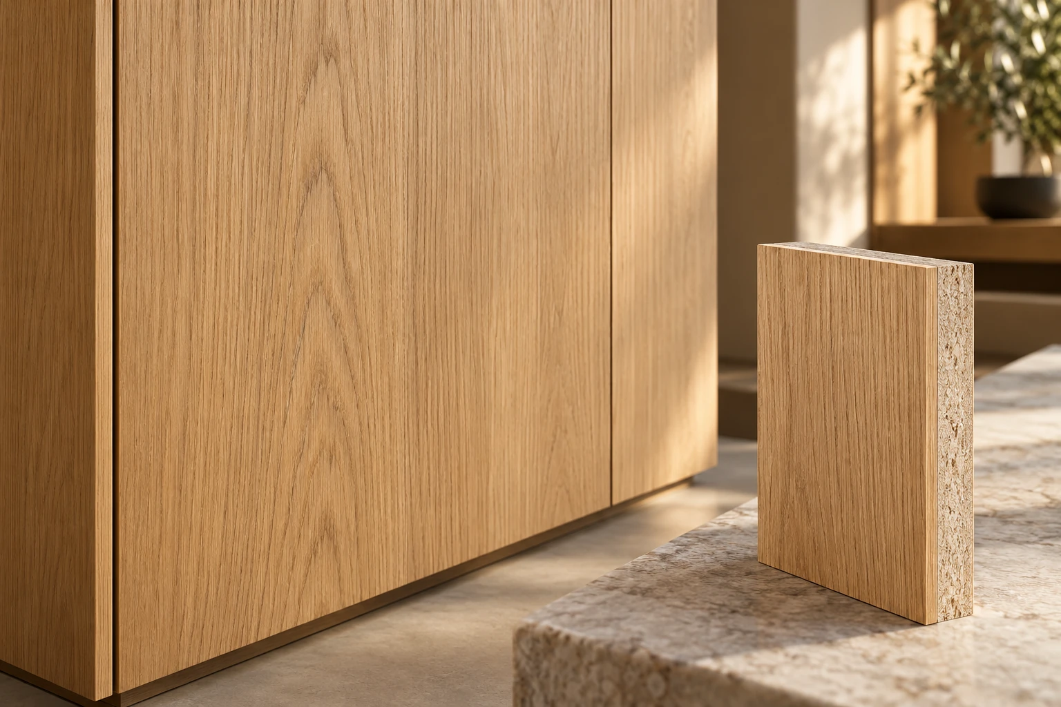 قشرة بلوط طبيعية · cabinet-door application with exposed sample edge