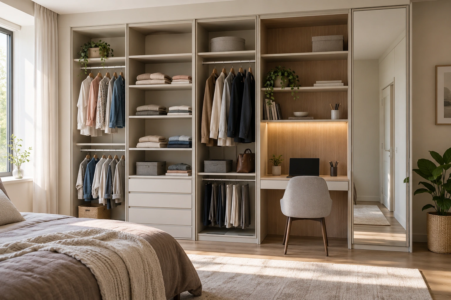 Cross-space adaptive storage system study · Adaptable wardrobe in use